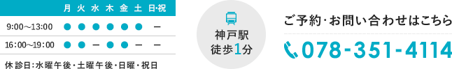 診療時間9:00〜13:00、16：00～19：00 休診日:水曜午後・土曜午後・日曜・祝日 神戸駅徒歩1分 TEL:078-351-4114